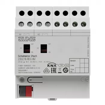 Jung KNX schakelactor, 2-kanaals, 16 A, 230 V AC, DIN-rail, 2 TE 2302.16REGHM
