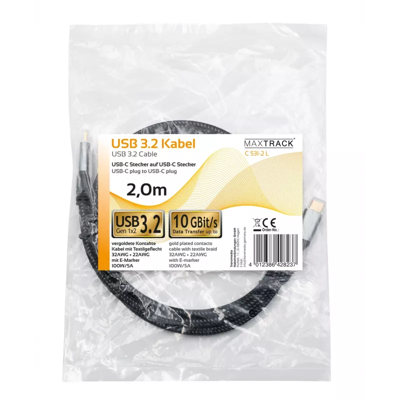 Maxtrack C531-2L USB-C naar USB-C kabel 3.2 Gen2 10Gbps 100W PD 2m zwart