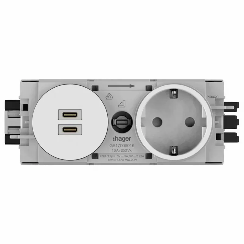 Hager Winsta inbouw-SCHUKO-stopcontact met 2x USB-C PD 20W oplader, zuiver wit GS17009016