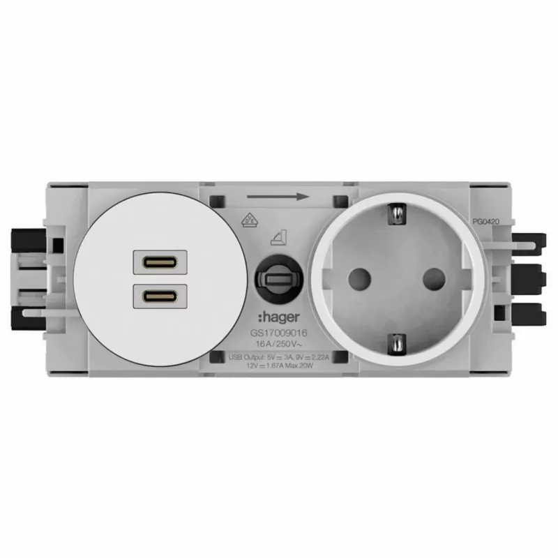 Hager Winsta inbouw-SCHUKO-stopcontact met 2x USB-C PD 20W oplader, zuiver wit GS17009016