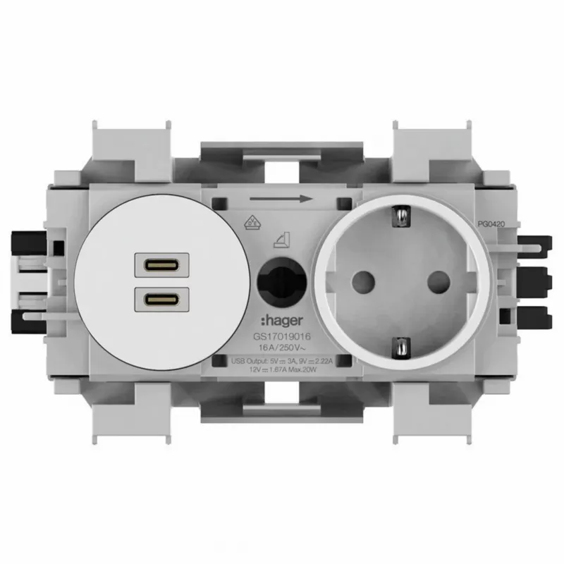 Hager Winsta Schuko stopcontact met dual USB-C PD 20W oplader, polarwit GS17019016