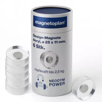 MAGNETOPLAN HOLTZ magnetoplan design magneten, 25 mm, 6-pack neodymium magneten met transparante acrylgreep, gepolijst (1680025)