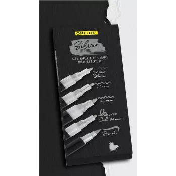 ONLINE Silver Lettering acrylmarker-set, zilver, 5 stuks (18518)