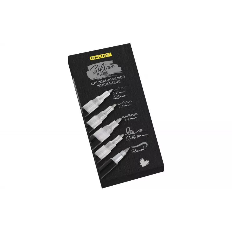 ONLINE Silver Lettering acrylmarker-set, zilver, 5 stuks (18518)