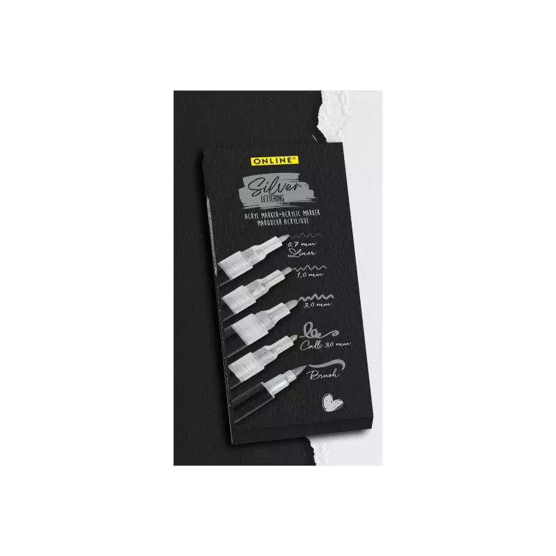 ONLINE Silver Lettering acrylmarker-set, zilver, 5 stuks (18518)