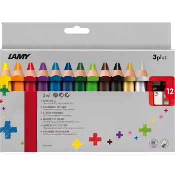 LAMY 3plus kleurpotloden 12-delige set, extra dikke 3,3 mm breukvaste vullingen, ergonomische driehoekige gripzone, verschillende kleuren 1223548
