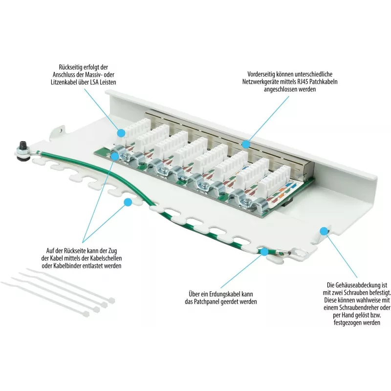 GoodConnections GC-N0113 desktop Cat.6 8-poorts STP patchpanel, 0,5U, gereedschapsloos, zuiverwit RAL9010