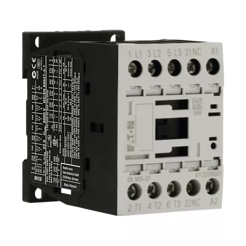 Eaton DILM15-01 24VDC 3-polige contactor, 1 NC hulpcontact, 15 A AC-3, DIN-rail/schroefaansluiting 290108