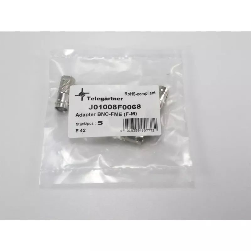 TELEGÄRTNER J01008F0068 BNC-bus naar FME-stekker coaxiale adapter, 50 Ohm, recht, vernikkeld messing