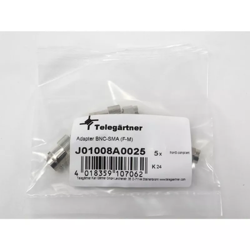 Telegärtner BNC-bus naar SMA-stekker HF coaxiale adapter, 50 Ohm, DC-4 GHz, vernikkeld messing, J01008A0025
