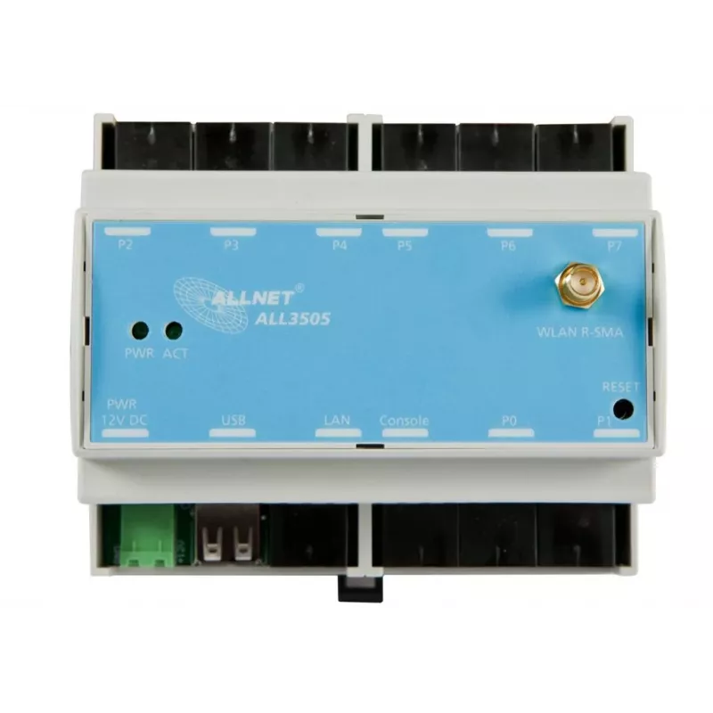 ALLNET ALL3505v2 IP-gebouwautomatiseringscontroller met 8 sensorpoorten, DIN-railmontage