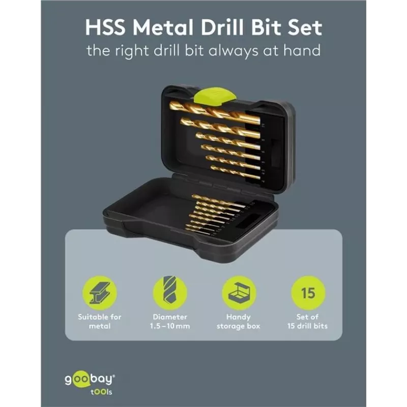 Goobay 77850 HSS metaalborenset, 15-delig, 1,5-10 mm, DIN 338, in opbergbox
