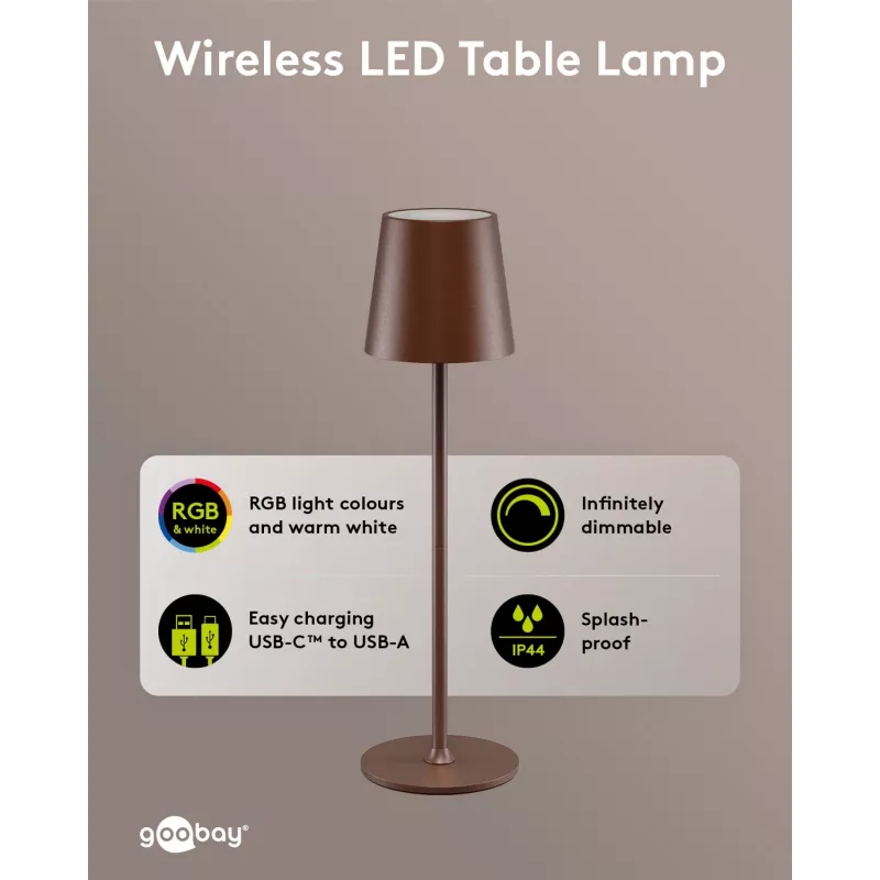 Wentronic Goobay draadloze LED-tafellamp, maat M, 38 cm, RGBW, koperkleurig (76570)