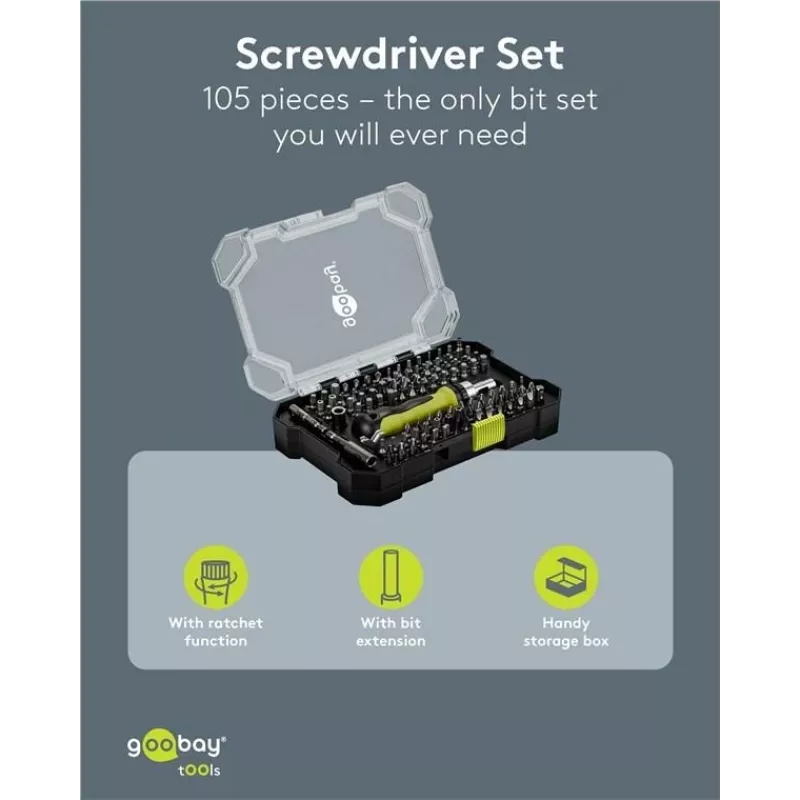 Goobay 100-delige schroevendraaier-bit-set met 1/4 inch zeskant S2-stalen bits en magnetische bithouder 77844