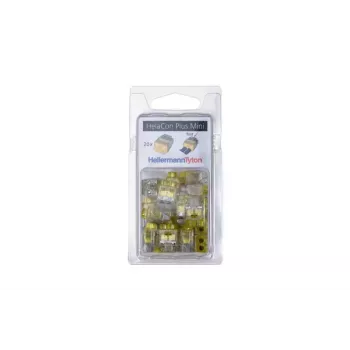 HellermannTyton HelaCon Plus Mini HCPM-2 push-in verbinder, 2-polig, 0,5-2,5mm², transparant/geel, 20-pack 148-90054
