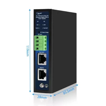 ALLNET industriële PoE splitter/extractor IEEE 802.3bt Type 4, 90W, 5V/9V/12V/24V selecteerbare uitgang, Gigabit Ethernet, DIN-rail-/wandmontage (ALL-PSI104G-BT90-PD)