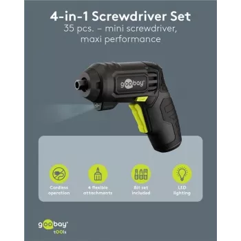Goobay 77817 4-in-1 mini-accu-schroevendraaierset, 35 delen, pistoolvorm, met 4 opzetstukken