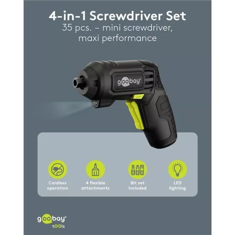 Goobay 77817 4-in-1 mini-accuschroevendraaierset, 35 delen, pistoolvorm, met 4 opzetstukken