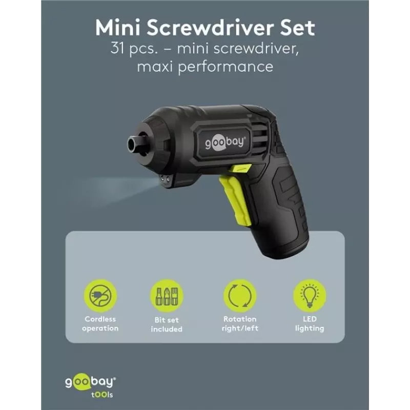 Goobay mini-accu-schroevendraaierset 31-delig pistoolgreep met 28 bits en micro-USB-laadfunctie (77818)