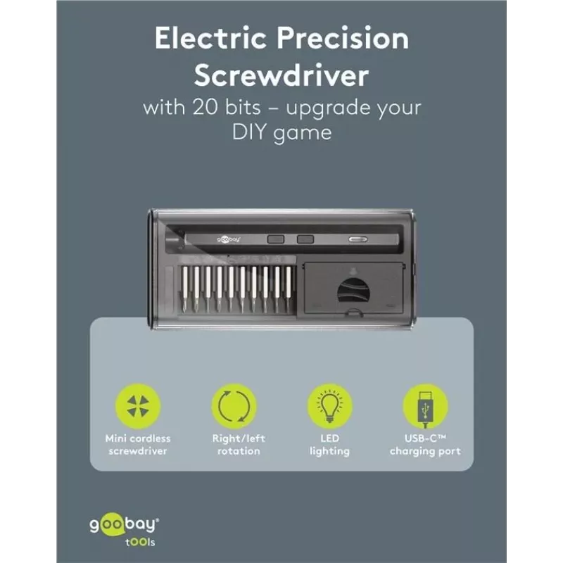 Goobay 77838 elektrische precisieschroevendraaier met accu, 20 delen, LED