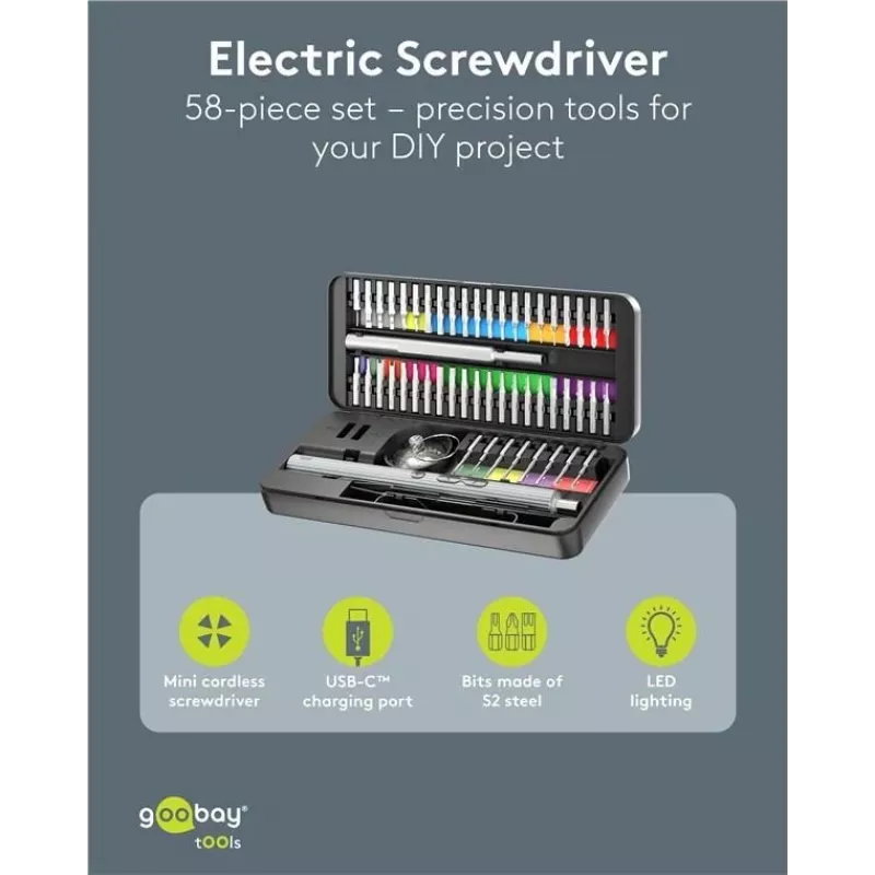 Goobay 77839 elektrische precisieschroevendraaier met accu, 50 delen, LED