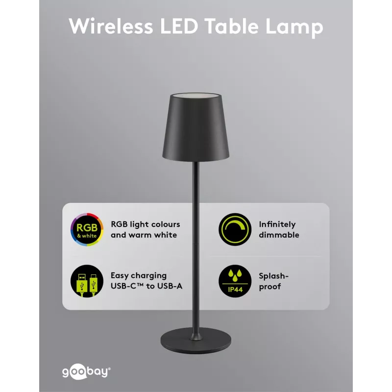 Wentronic Goobay draadloze LED-tafellamp, maat M, 38 cm, RGBW, zwart (76569)