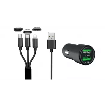IWH dual USB autolader 3-in-1 12/24V 3,4A zwart (19061)