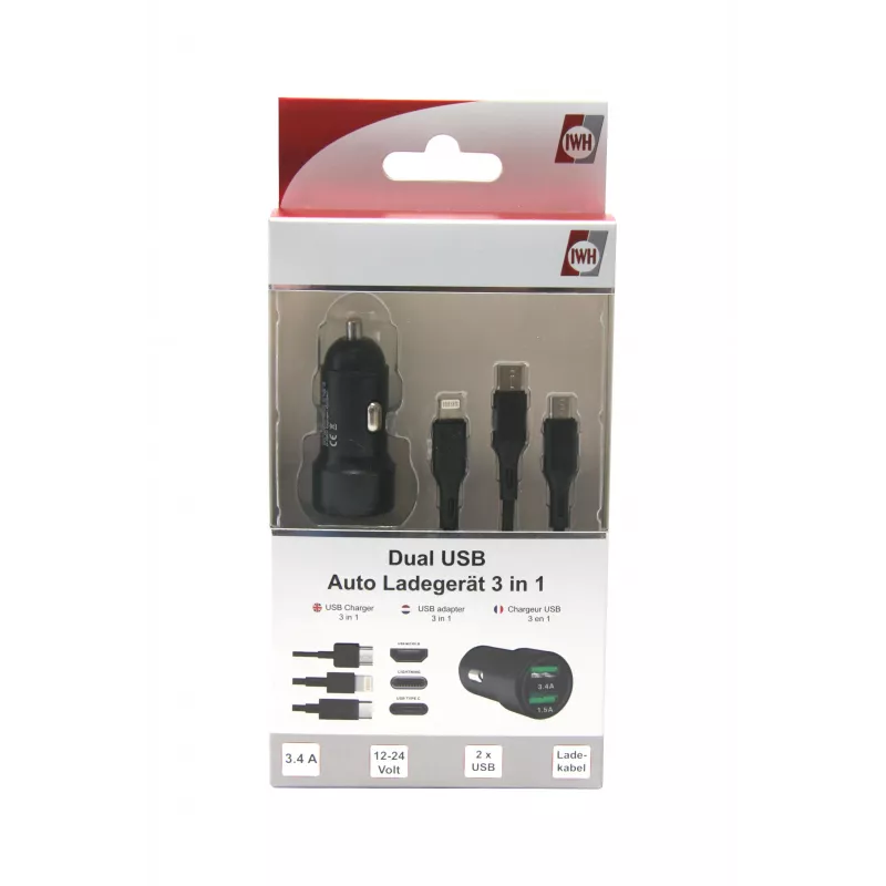 IWH dual USB autolader 3-in-1 12/24V 3,4A zwart (19061)