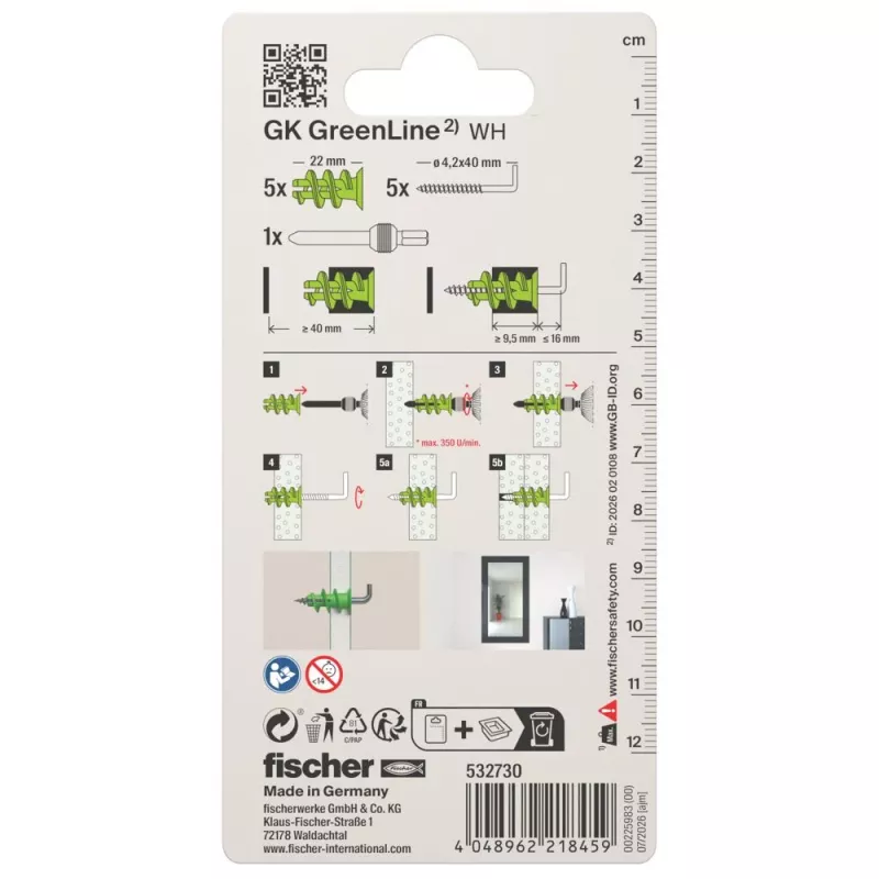 Fischer 532730 GK Green WH K NV gipsplaatplug 22 mm, 50 pluggen en 50 schroeven, 4,5 x 35 mm, groen