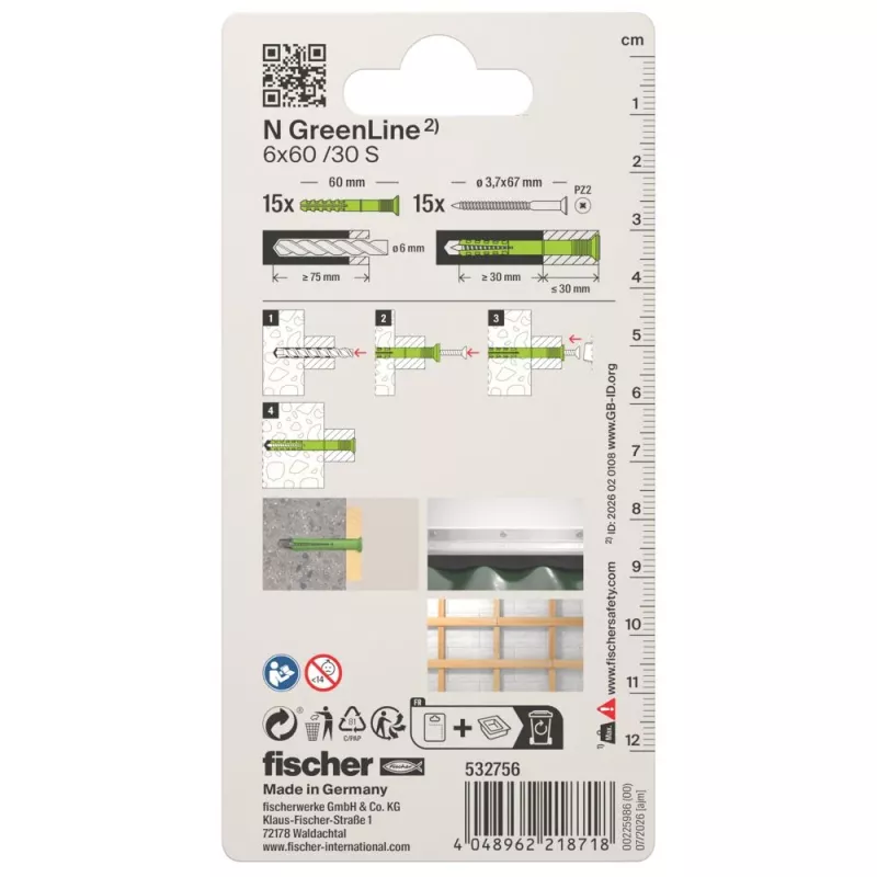 Fischer N Green 6 x 60/30 S K NV nagelplug, 60 mm, 6 mm, 1 set 532756