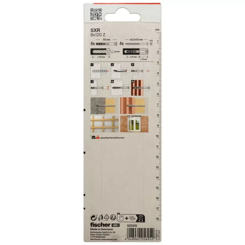 Fischer SXR 8 x 120 Z K NV langschachtplug met verzonken schroef (PZ), 1 set (503415)