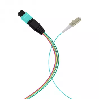 MPO-PLUS (M) naar LC fanout-kabel OM3 12 vezels Type B LSZH aqua 0,4m MPOM12LCOM3-0,4