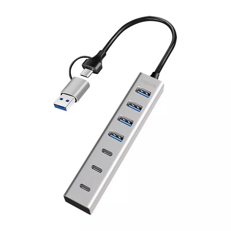 LogiLink USB 3.0 hub, 7-poorts, 4x USB-A 3x USB-C, aluminium behuizing