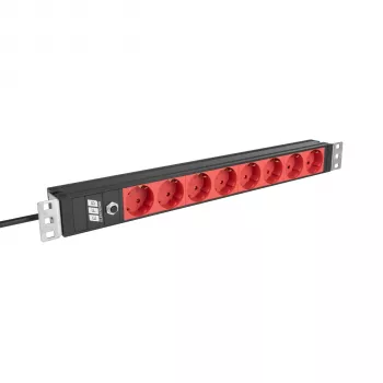 EFB Elektronik EK631CD.1V2 19 inch 1U rackmount-PDU, 8 x CEE 7/3 rode uitgangen, IEC C14-ingang, 10 A overbelastingsbeveiliging, zwart