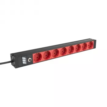 EFB Elektronik EK631CD.1V2 19 inch 1U rackmount-PDU, 8 x CEE 7/3 rode uitgangen, IEC C14-ingang, 10 A overbelastingsbeveiliging, zwart