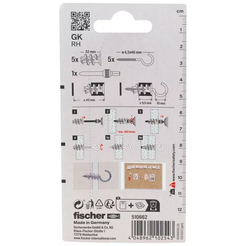 Fischer GK RH K NV gipsplaatdübel met rondhaak, 22 mm, 1 set (510662)
