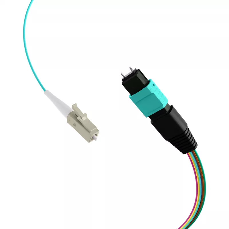 MPO-PLUS (M) naar LC fanout-kabel OM3 12 vezels type B LSZH aqua 1m MPOM12LCOM3-1
