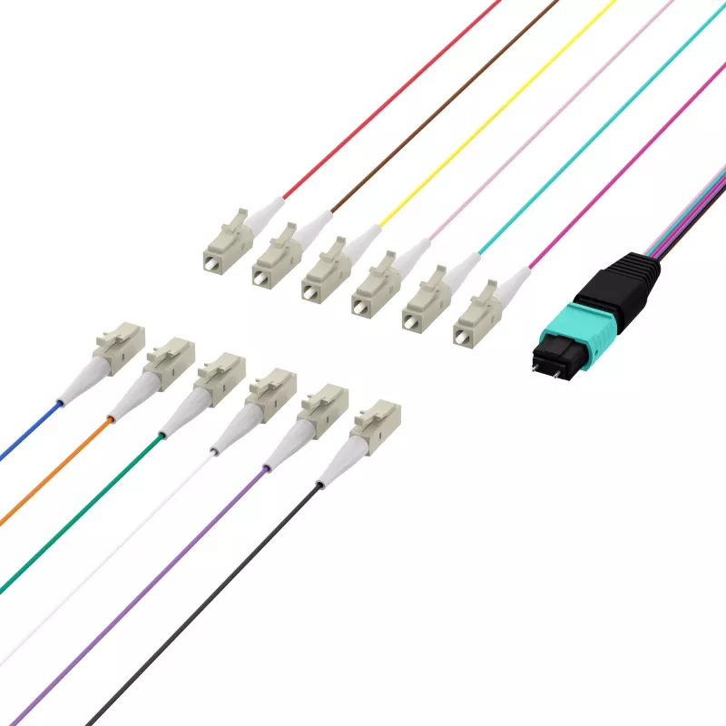 MPO-PLUS (M) naar LC fanout-kabel OM3 12 vezels type B LSZH aqua 1m MPOM12LCOM3-1