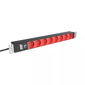 EFB ELEKTRONIK EK631CF.1V2 19-inch 1U rackmount PDU, 8 x CEE 7/5 (type E) rode stopcontacten, IEC C14 ingang, 10A overbelastingsbeveiliging, zwart