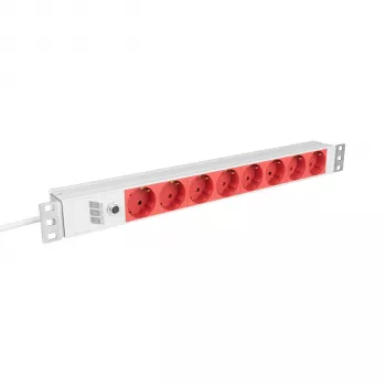 EFB Elektronik EK631CD.1GRV2 19-inch 1U rackmount-stekkerdoos, 8x CEE 7/3 rode stopcontacten, IEC C14-ingang, 10A-overbelastingsbeveiliging, grijs