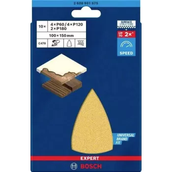 Bosch 2608901675 schuurbladen-set voor multischuurmachine, 10-delig, gemengde korrel P60/P120/P180, 150 x 100 mm, klittenband