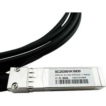 BlueLAN LSWM1QSTK3-BL 40GBASE-CR4 QSFP naar 4x10GBASE-CR SFP+ passieve Direct Attach breakout-kabel, 1m, AWG30