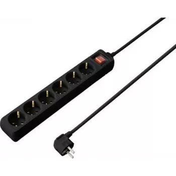 SYGONIX SY-4891006 6-voudige Schuko-stekkerdoos met verlichte schakelaar, 1,5 m kabel, zwart