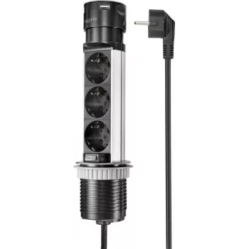 SYGONIX SY-4997104 Stekkerdoostoren, 6 randaarde stopcontacten, 2 USB-A-aansluitingen, 1,5 m kabel, zwart/zilver