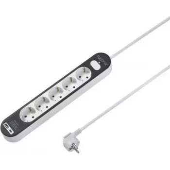 SYGONIX SY-4755368 Stekkerdoos met schakelaar, 6 Schuko-stopcontacten, 1,5 m kabel, wit/grijs