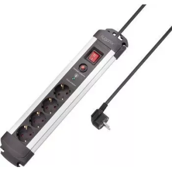 SYGONIX SY-4755610 overspanningsbeveiligde stekkerdoos, 6 Schuko-stopcontacten, 1,5 m kabel, zilver/zwart