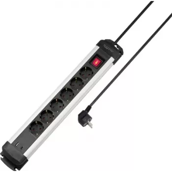 Sygonix SY-6807130 6-voudige stekkerdoos met verlichte schakelaar, zwart/zilver, 1,5 m kabel