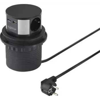Sygonix SY-6887466 3-voudige stekkerdoos toren, zwart/zilver, 1,5 m kabel, 3 Schuko-stopcontacten, 3680 W, verlichte schakelaar