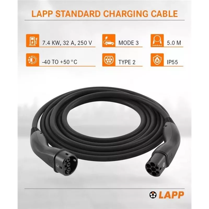 LAPP MOBILITY Type 2 EV-laadkabel, 7,4 kW, 5 m, zwart (61780)