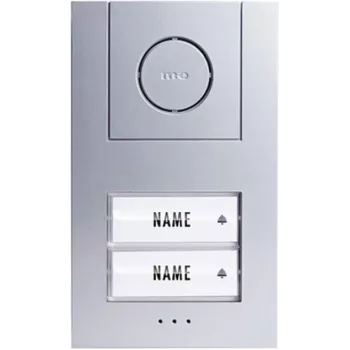 M-E MODERN-ELECTRONICS 41186 bedraad audio-deurintercom compleet set voor 2 wooneenheden – zilveren buitenstation, witte binnenstations, 2-draads bus, deuropenerfunctie
